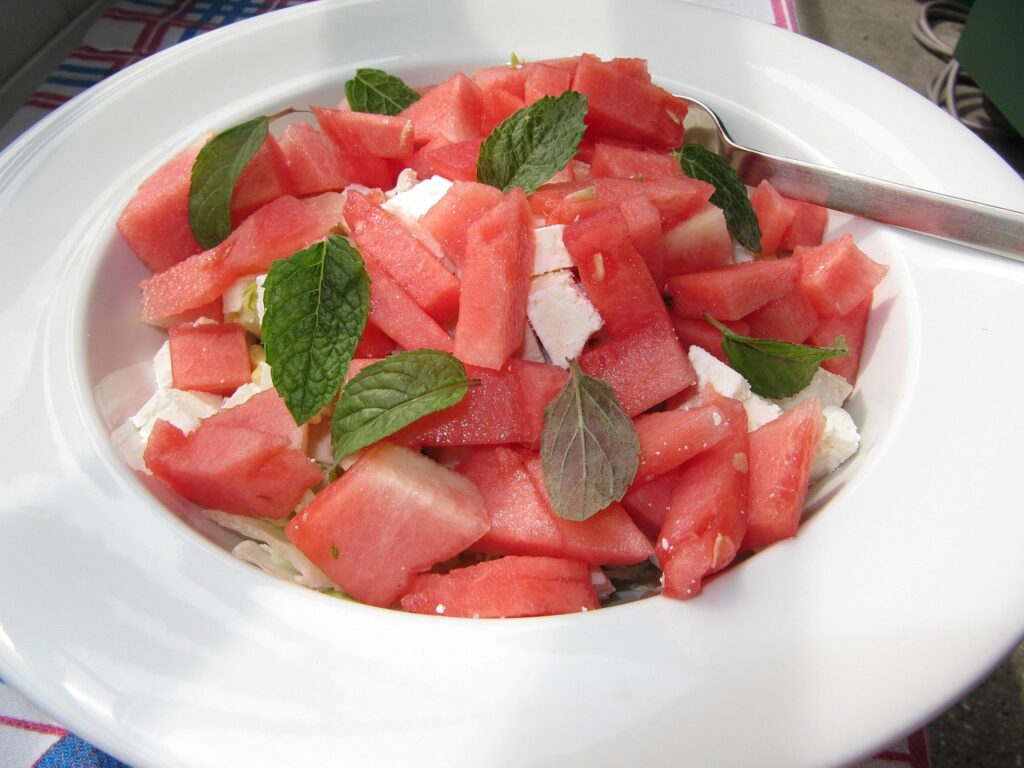 melon, watermelon, feta cheese, cheese, melon salad, salad, mint leaves, nature, mint, melon pieces, summer, eat, food, juicy, fruit, taste